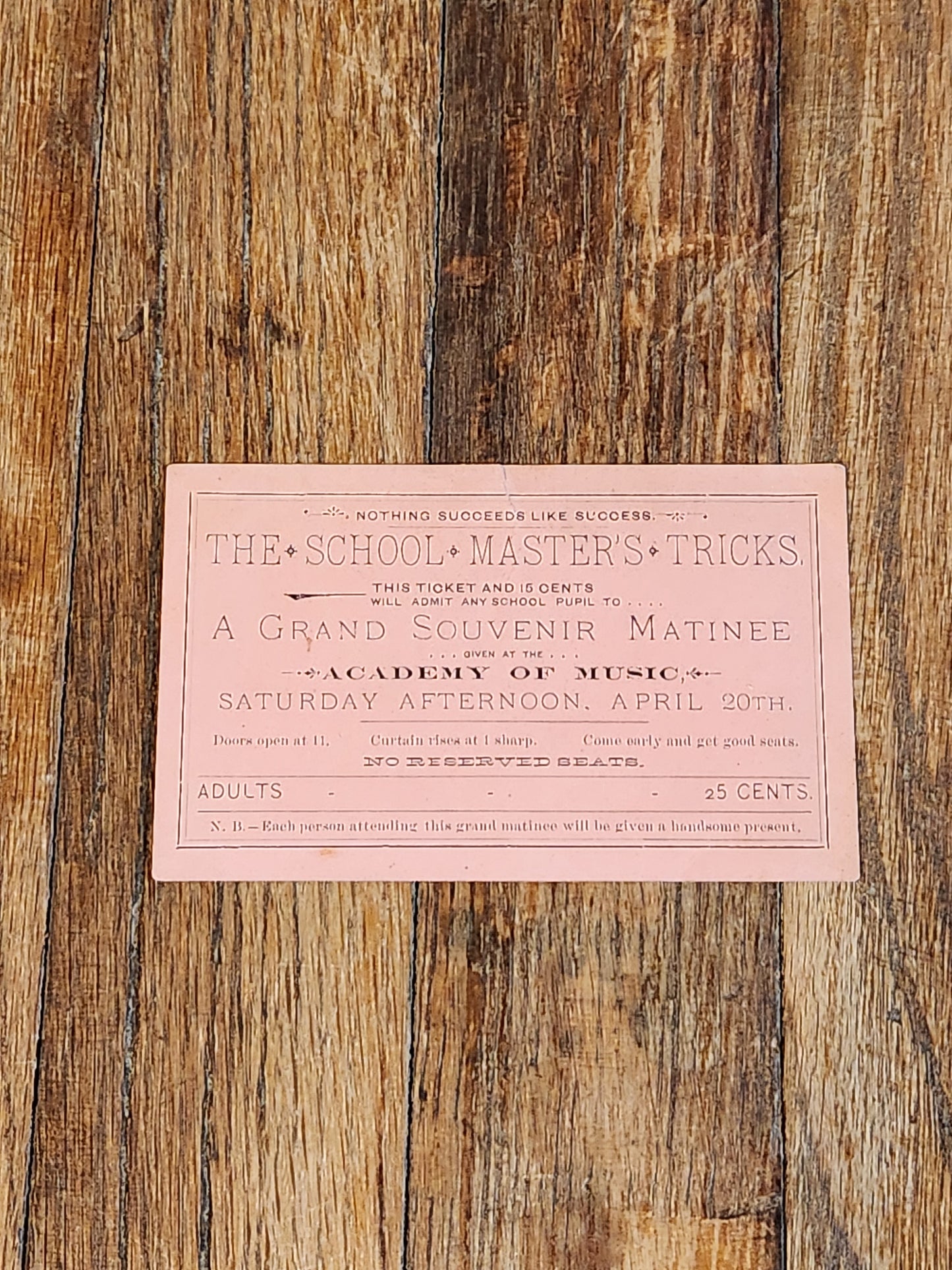 1880s School Matinee Theater Ticket – Academy of Music – Victorian Ephemera