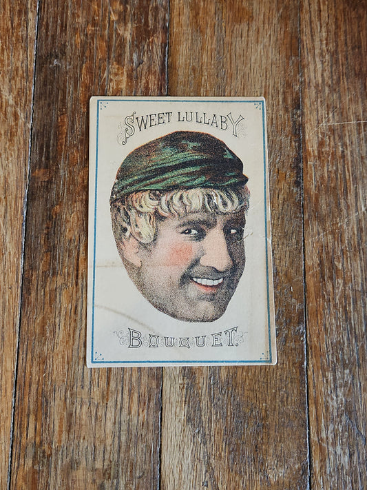 Victorian Trade Card Sweet Lullaby Bouquet Perfume Die Cut Head c.1880s
