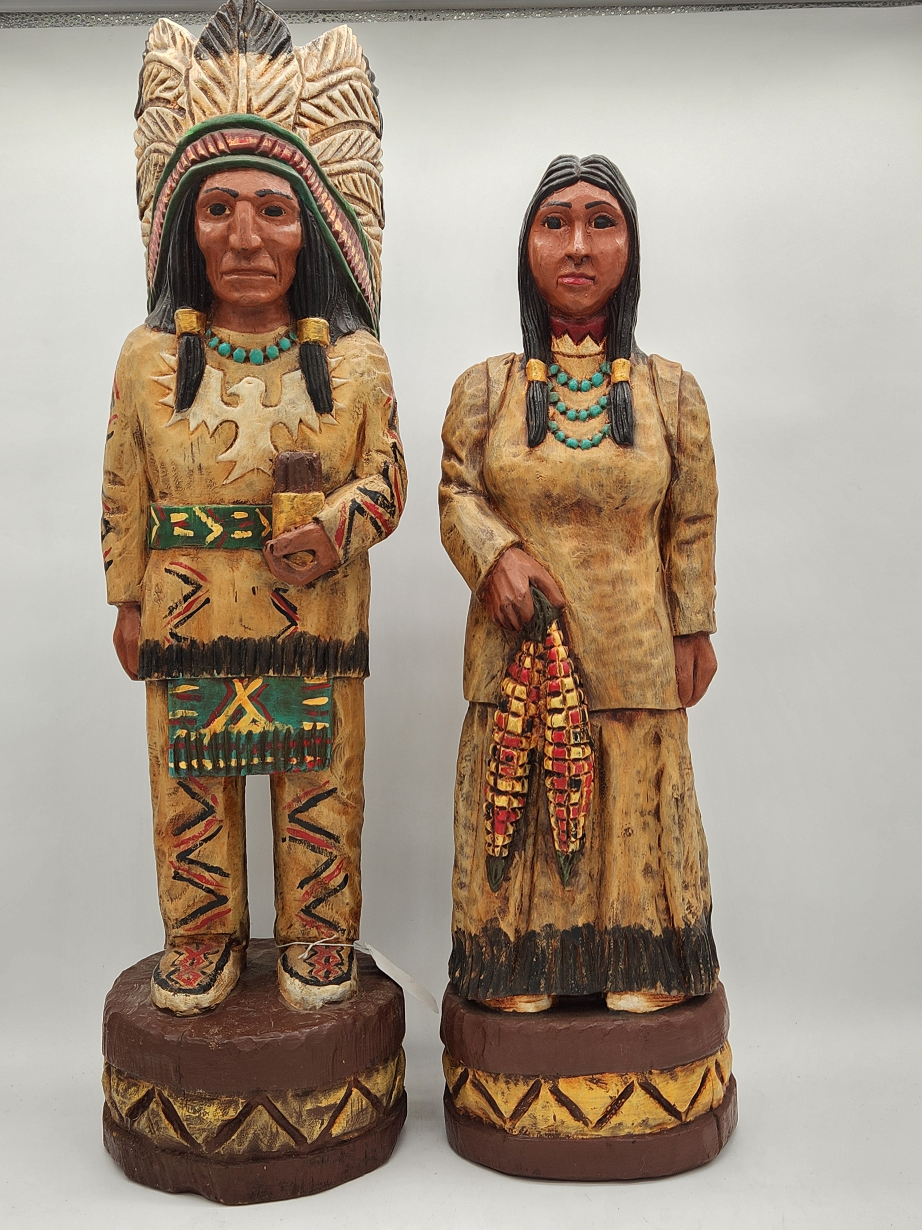 Vintage John Gallagher Signed Wood Carved Native American Chief & Woman Statues Folk Art