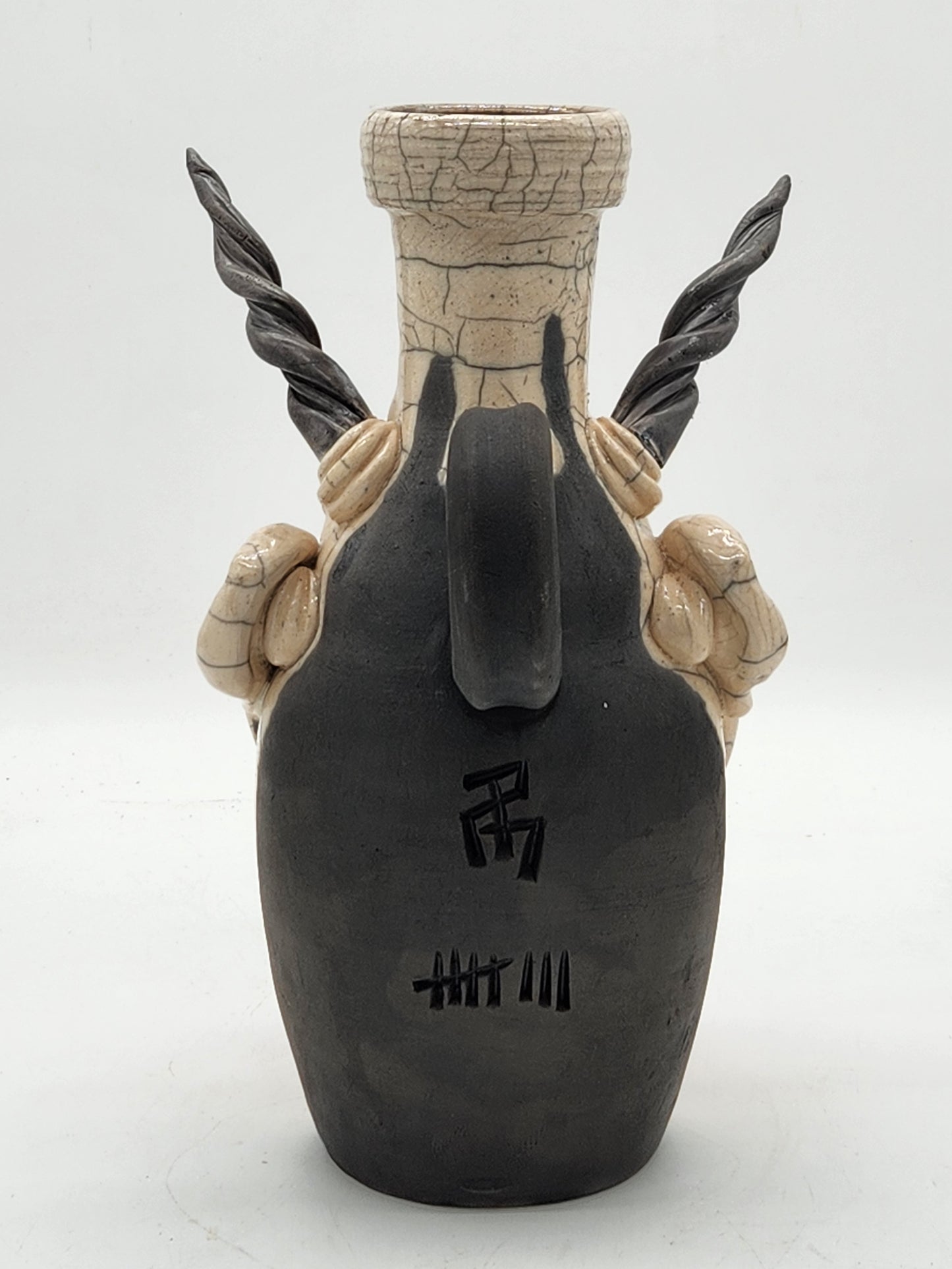 Crackled Clown Demon Face Jug Sculpture – Signed & Marked – Twisted Horns – One-of-a-Kind