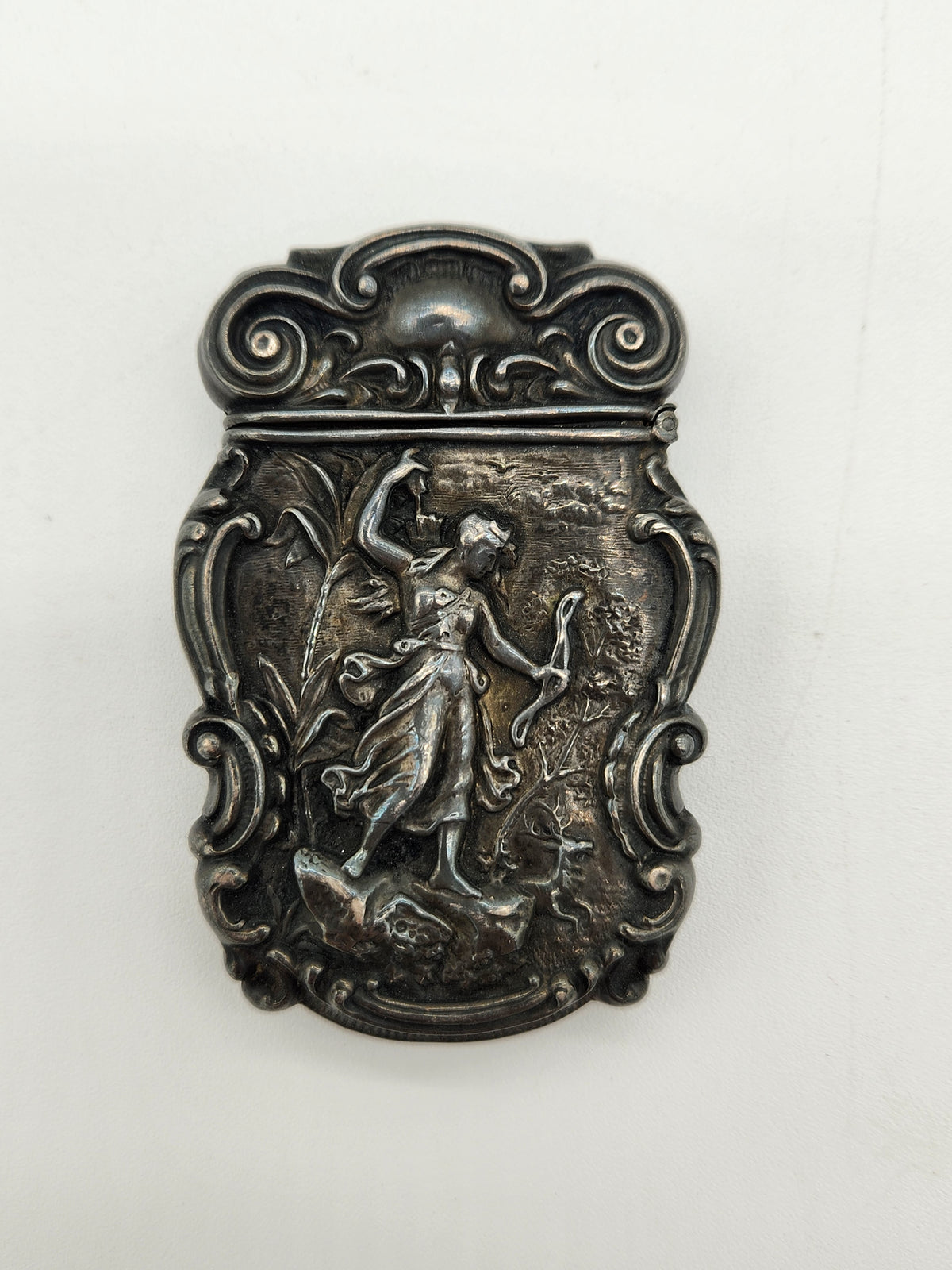 Antique Victorian Sterling Silver Match Safe Vesta Case Diana the Huntress Repousse