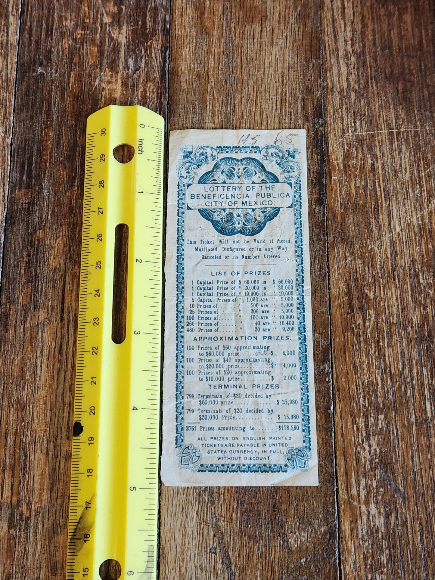 1903 Mexico Lottery Ticket Beneficencia Pública City of Mexico Unused 25¢