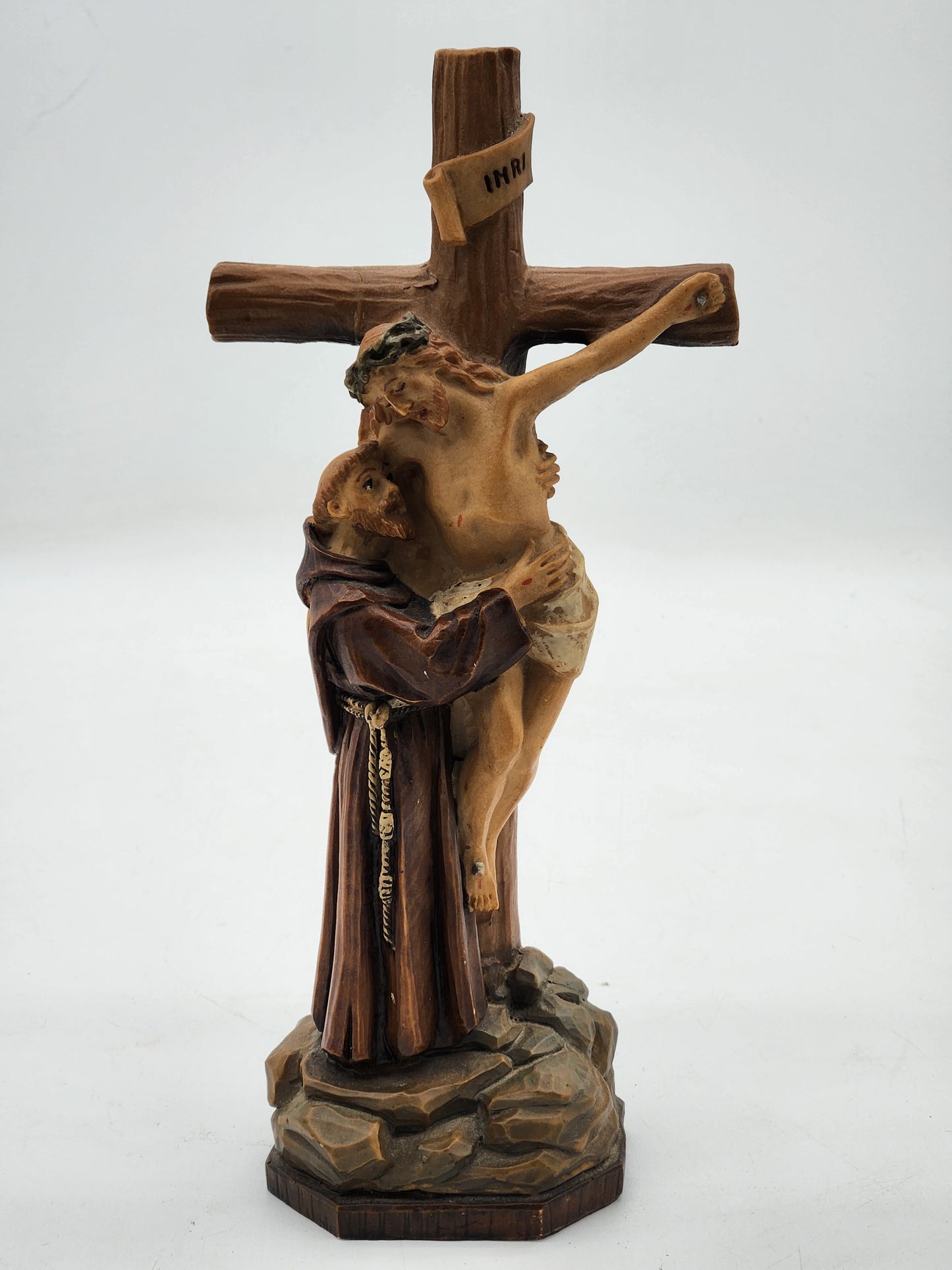 St Francis Embracing Jesus Christ on Cross Statue Figurine Wood Look Resin