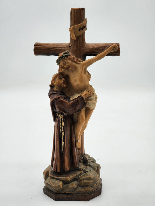 St Francis Embracing Jesus Christ on Cross Statue Figurine Wood Look Resin
