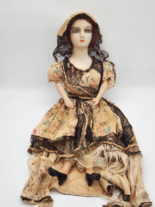 Antique 1920s Composition Boudoir Bed Doll French Style Flapper Floral Dress Bonnet