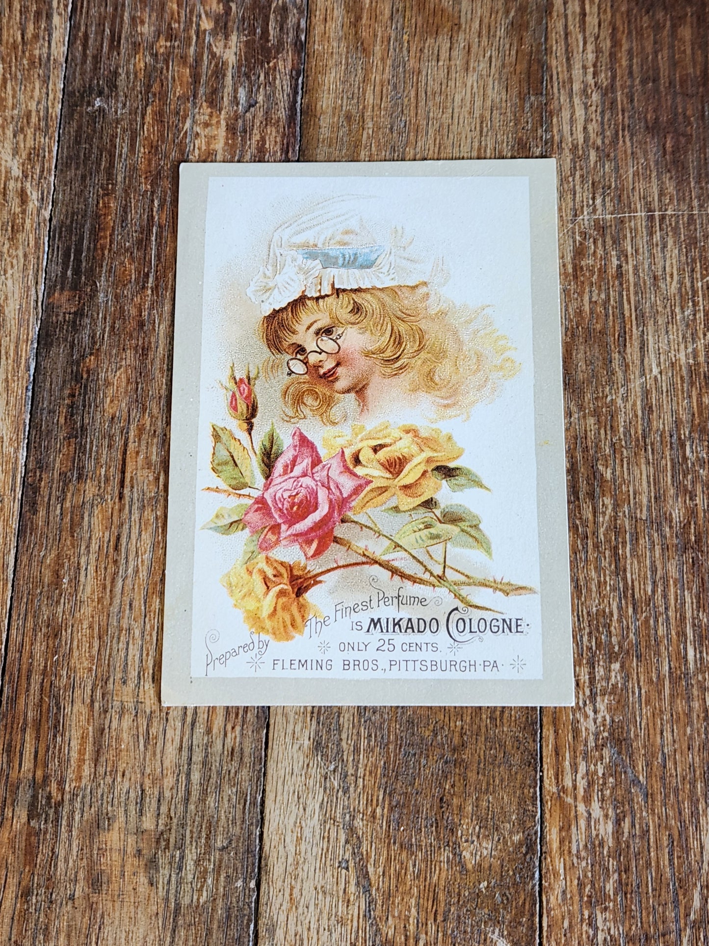 Victorian Trade Card Mikado Cologne Fleming Bros Pittsburgh Perfume Roses 1890s