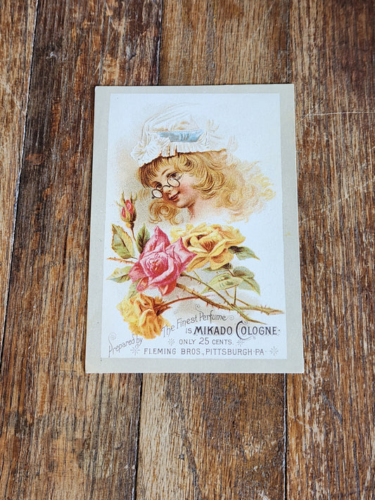 Victorian Trade Card Mikado Cologne Fleming Bros Pittsburgh Perfume Roses 1890s