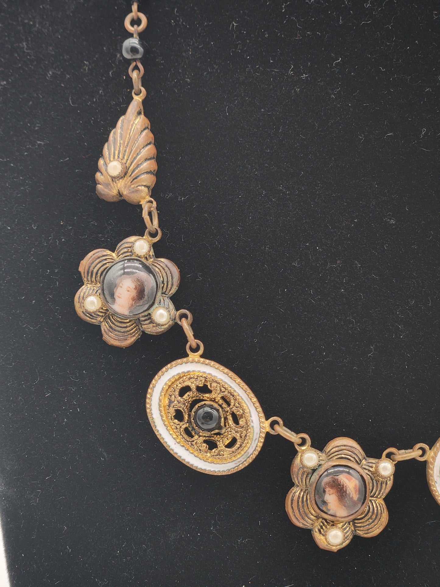 Antique Victorian Necklace W/ Portrait Cabochons & Enamel Detailing