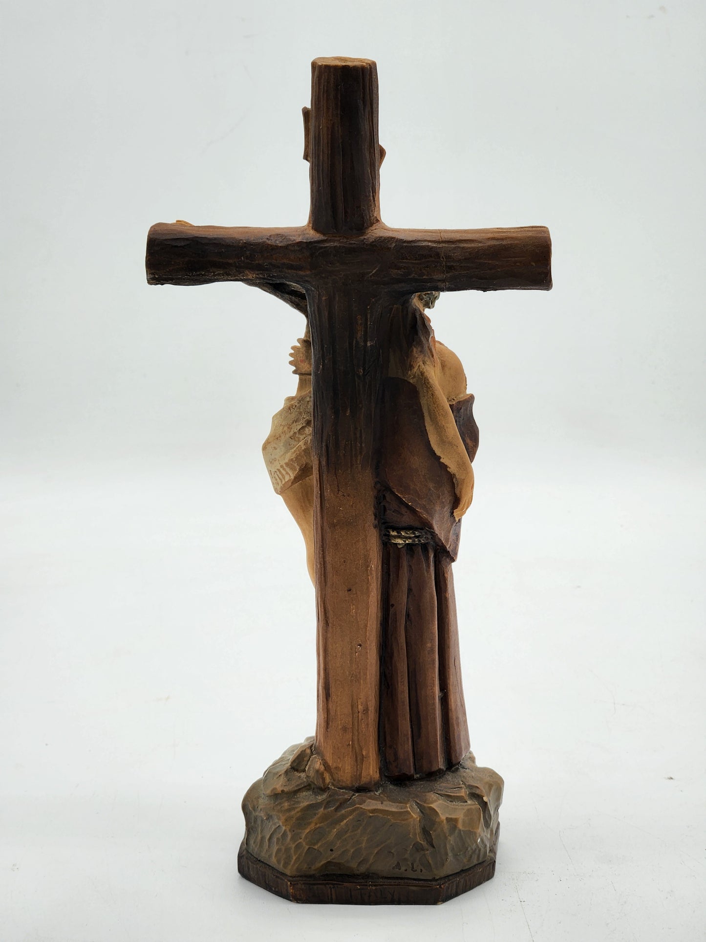 St Francis Embracing Jesus Christ on Cross Statue Figurine Wood Look Resin