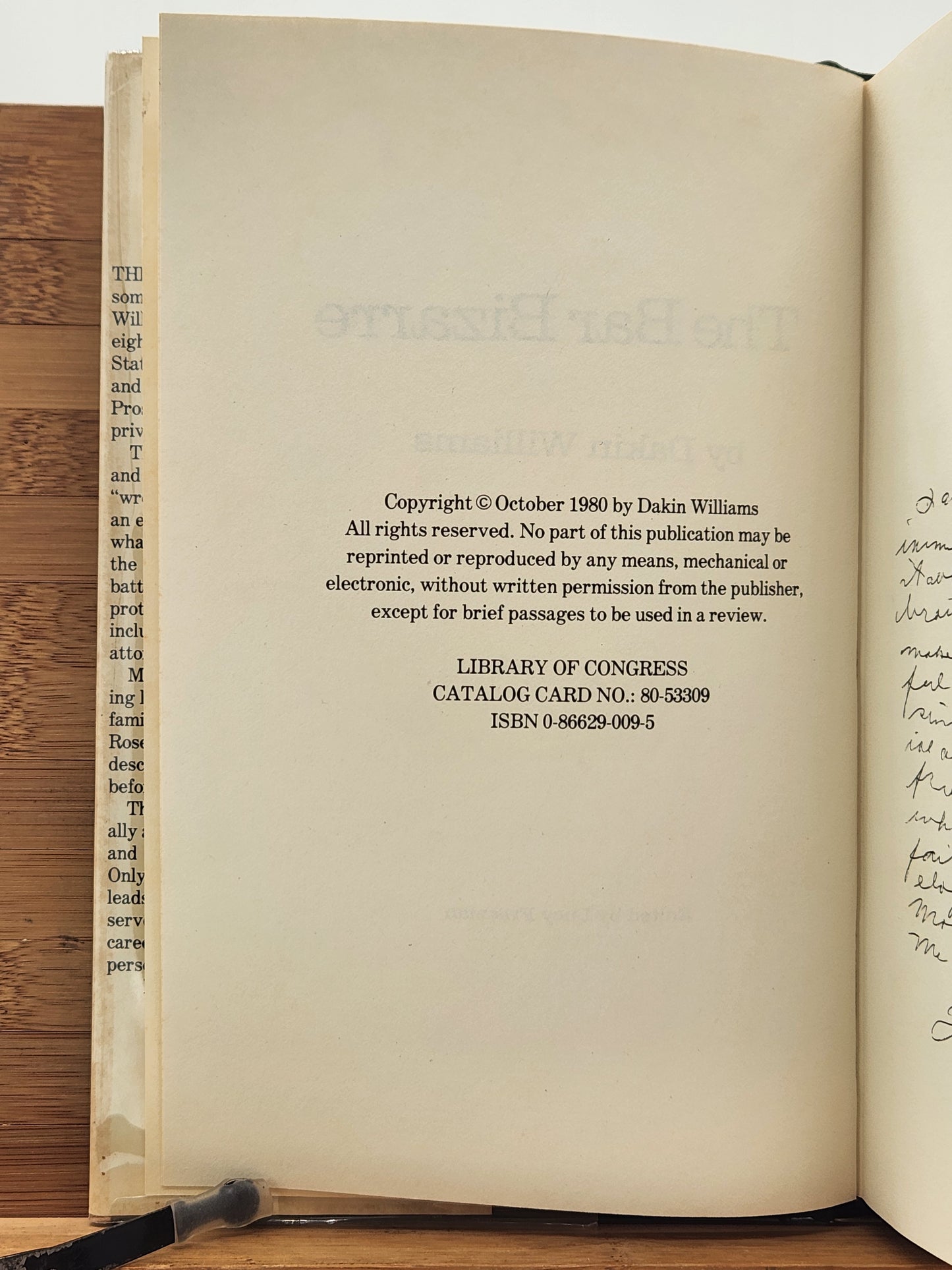 Signed 1980 first edition of The Bar Bizarre by Dakin Williams—legal memoir and Tennessee Williams family insight.