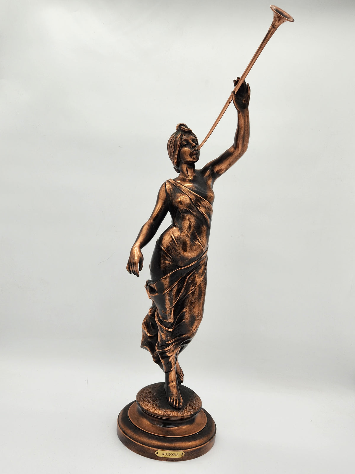 Vintage Art Nouveau Aurora Goddess of Dawn Trumpet Statue Bronze Patinated Spelter