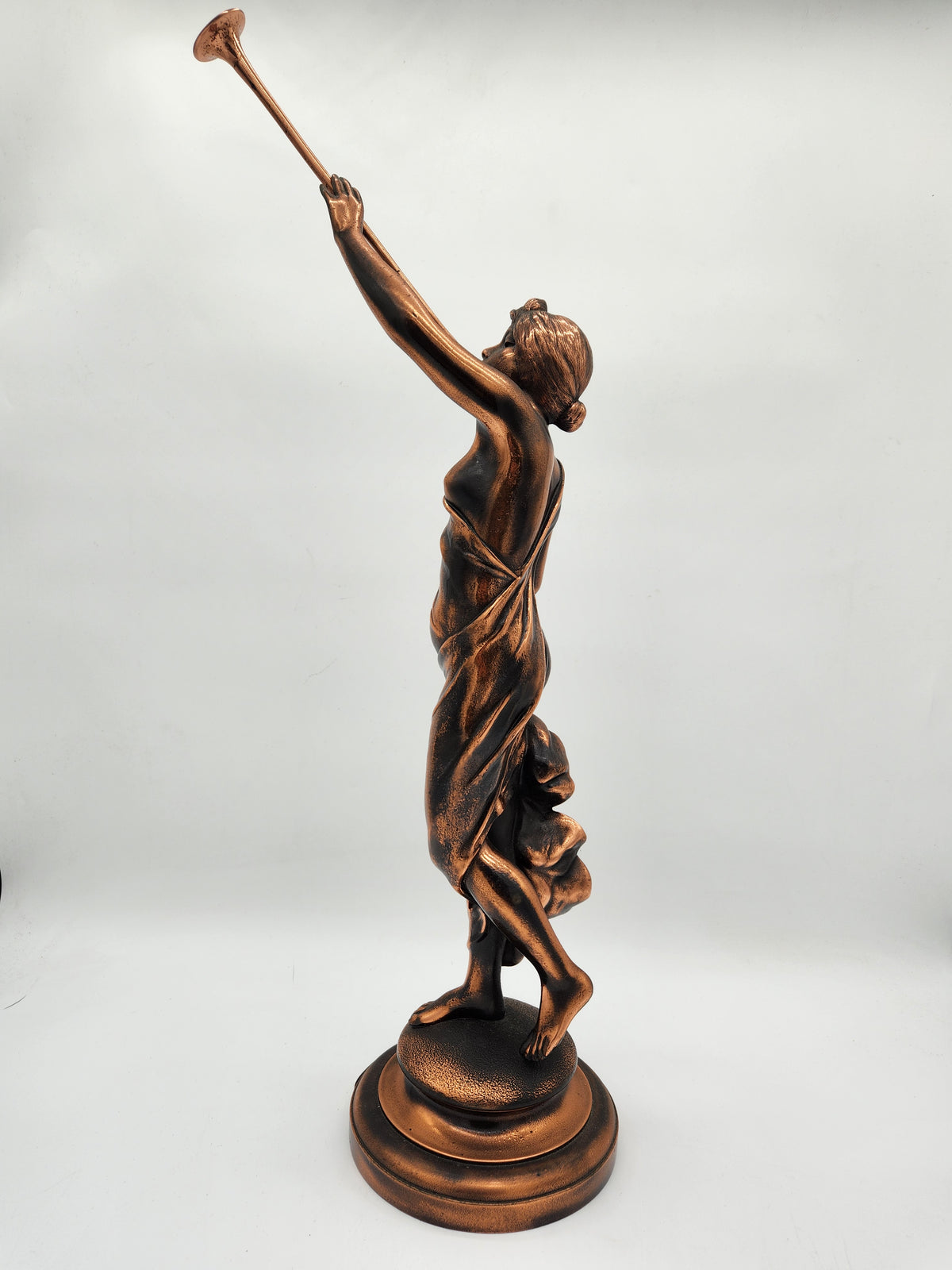 Vintage Art Nouveau Aurora Goddess of Dawn Trumpet Statue Bronze Patinated Spelter