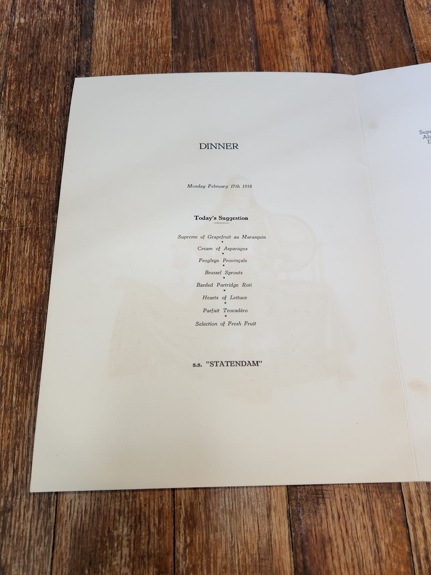 Captain with Globe Holland-America Line Dinner Menu