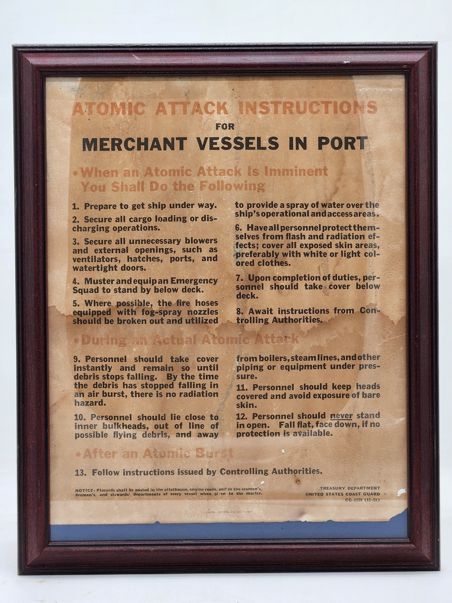 Vintage 1951 US Coast Guard Atomic Attack Instructions Poster Merchant Ship CG-3256