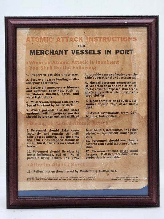Vintage 1951 US Coast Guard Atomic Attack Instructions Poster Merchant Ship CG-3256