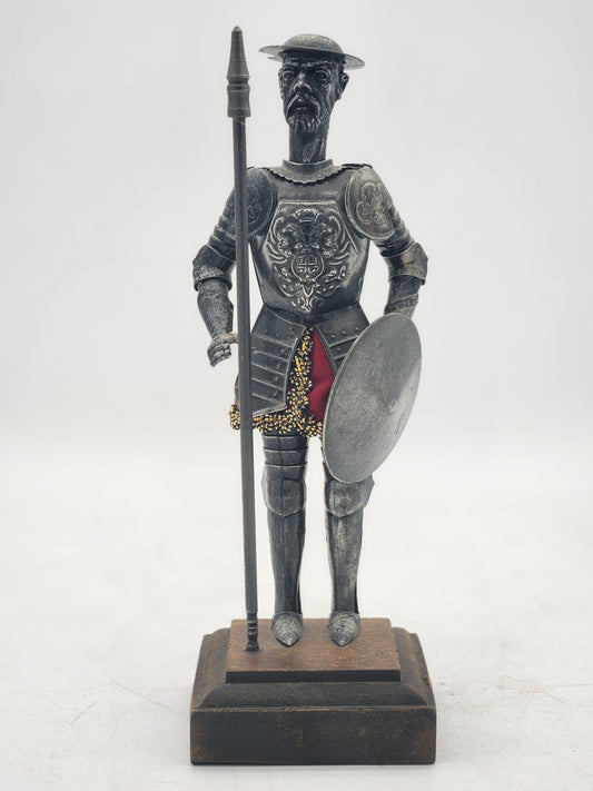 Vintage Don Quixote Metal Knight Statue Spear Shield Red Skirt Wood Base Spain