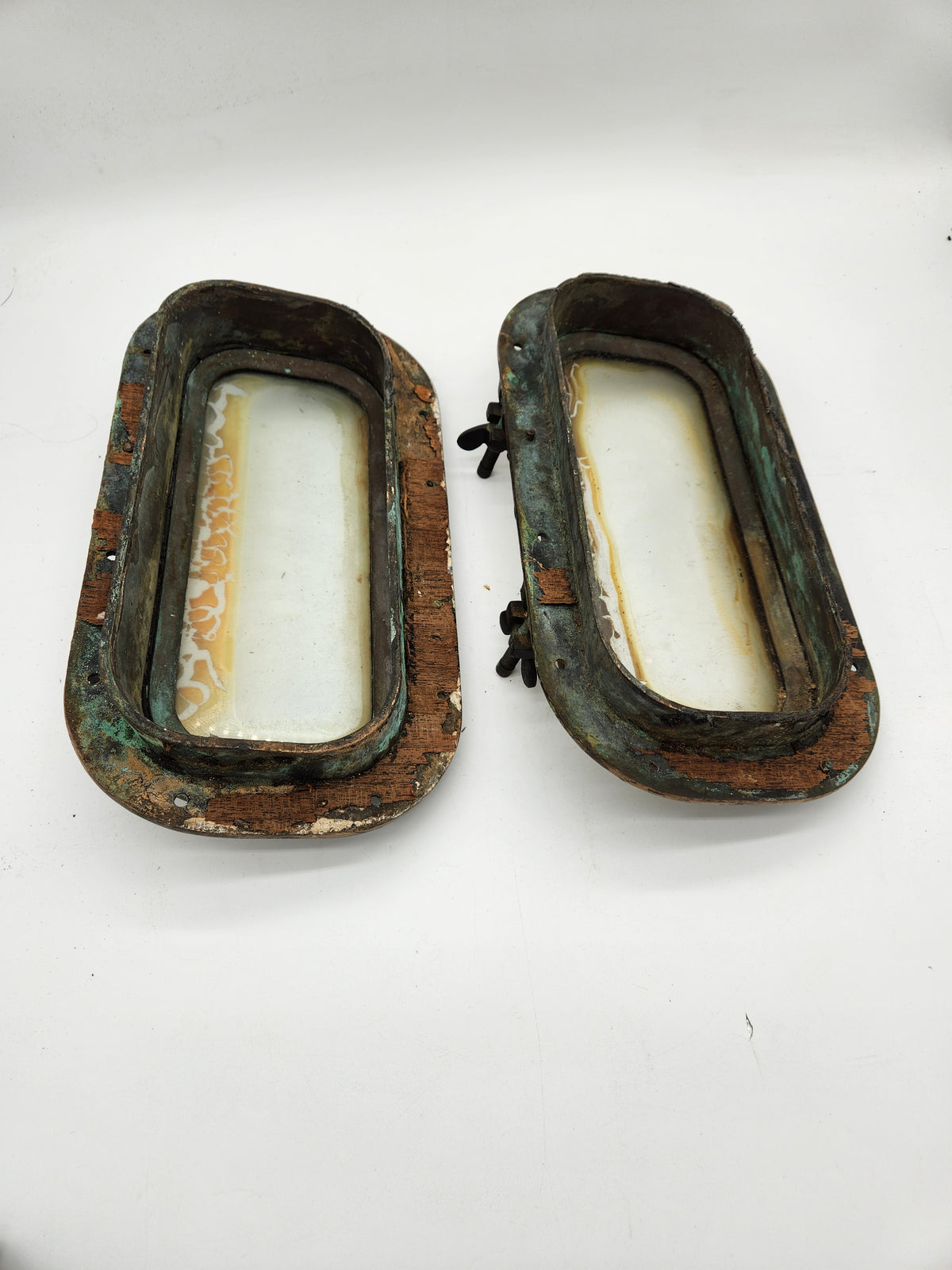 Pair Vintage Solid Bronze Oval Ship Portholes Maritime Boat Port Light Windows Salvage