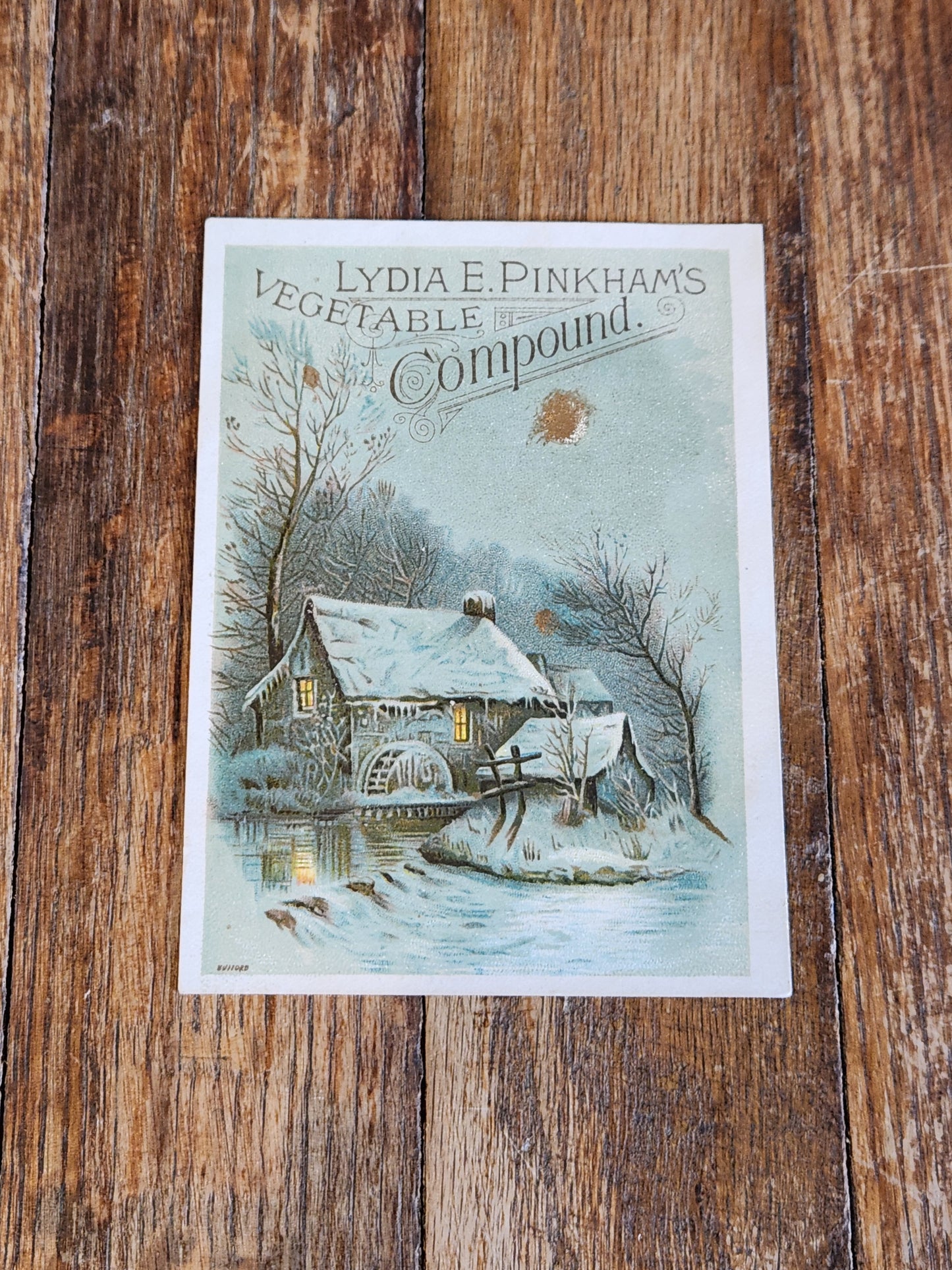 Victorian Trade Card Lydia E. Pinkham’s Vegetable Compound Winter Scene
