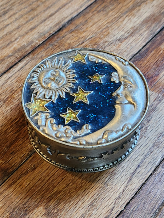 Vintage O.W.F. Pewter Sun & Moon Trinket Box – Celestial Stars Enamel Design, 1970s-90s