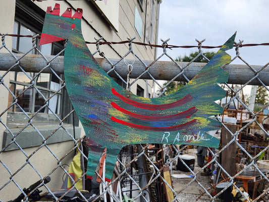 R.A. Miller Folk Art Chicken Cut-Out – Hand-Painted Metal Tin – 17x14 – Signed R A Miller – Georgia Outsider Artist