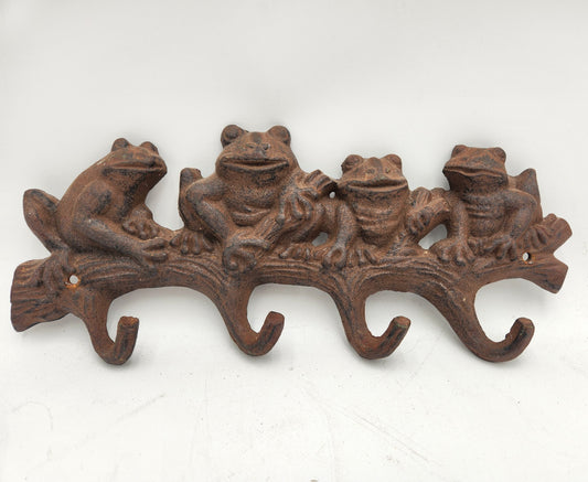 Vintage Cast Iron 4 frogs on a log Wall Hook