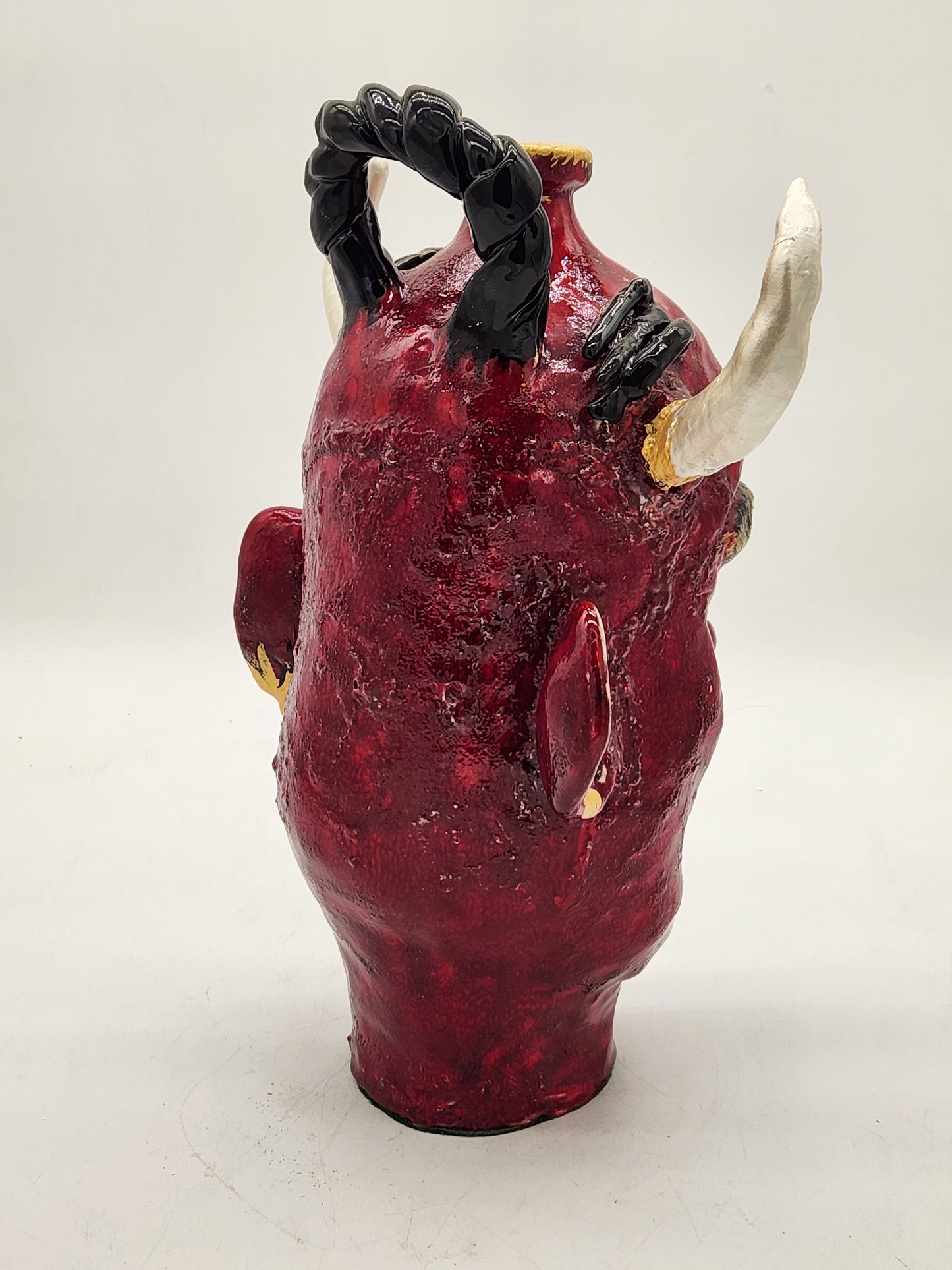 One-of-a-Kind Devil Face Jug Ceramic Sculpture Folk Art Pottery Red Glazed - Horns - Southern Style