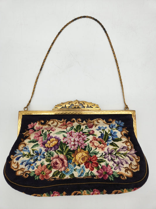 Vintage JB & Co Vienna Handwork Petit Point Floral Tapestry Evening Bag Purse Austria