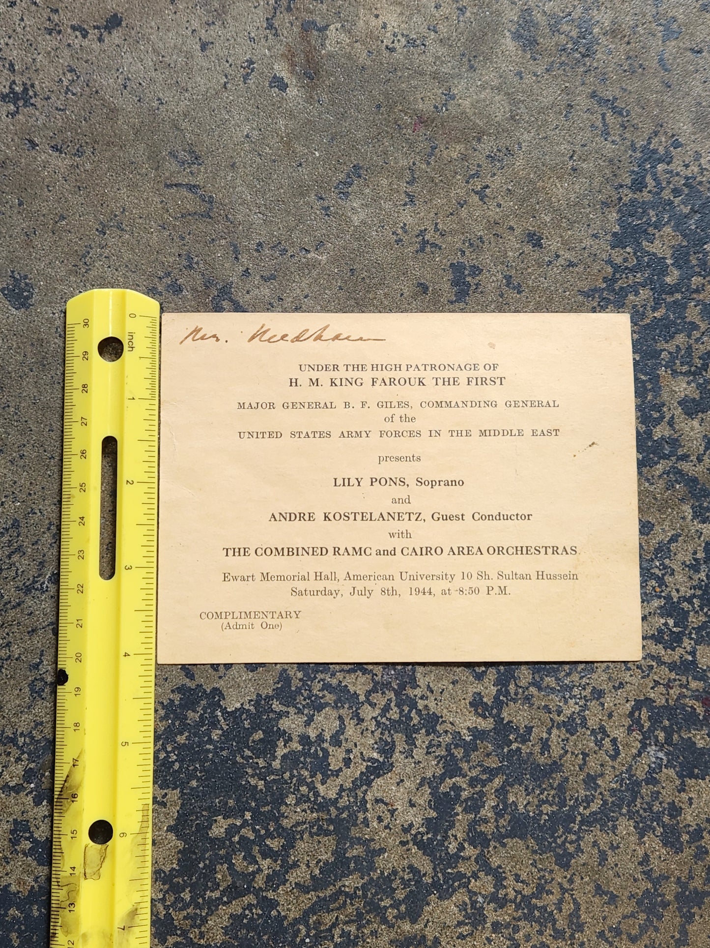 1944 Lily Pons Cairo Concert Ticket WWII U.S. Army King Farouk Patronage