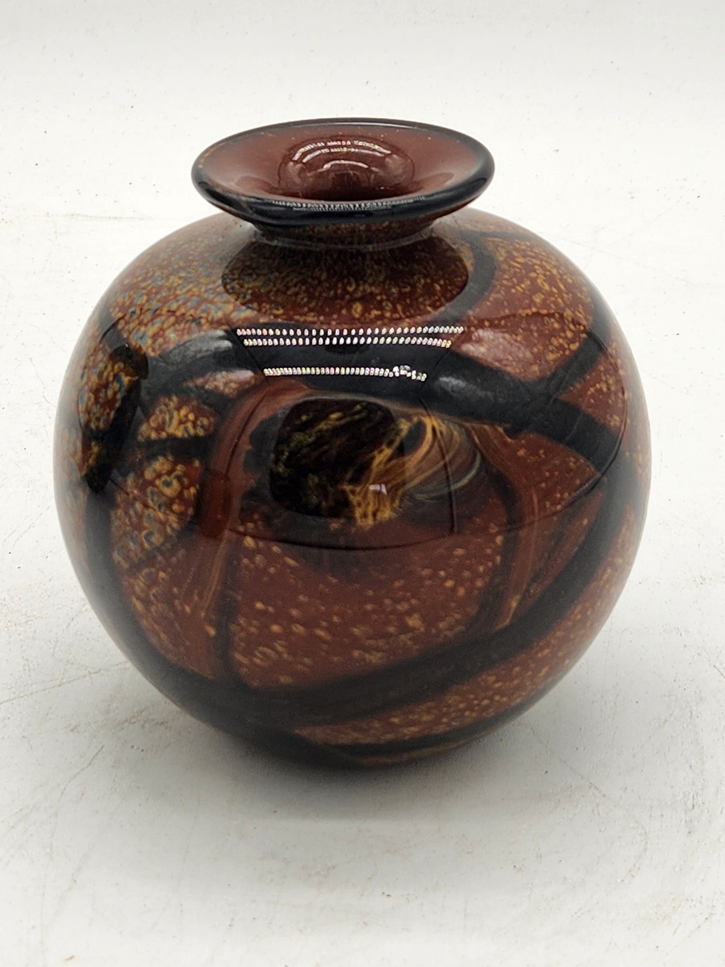 Ioan Nemtoi Signed Studio Art Glass Vase 5" Amber Black Swirl Romanian