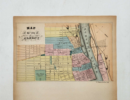 Antique Colored Lithograph Print Map of City of Albany New York Charles Magnus