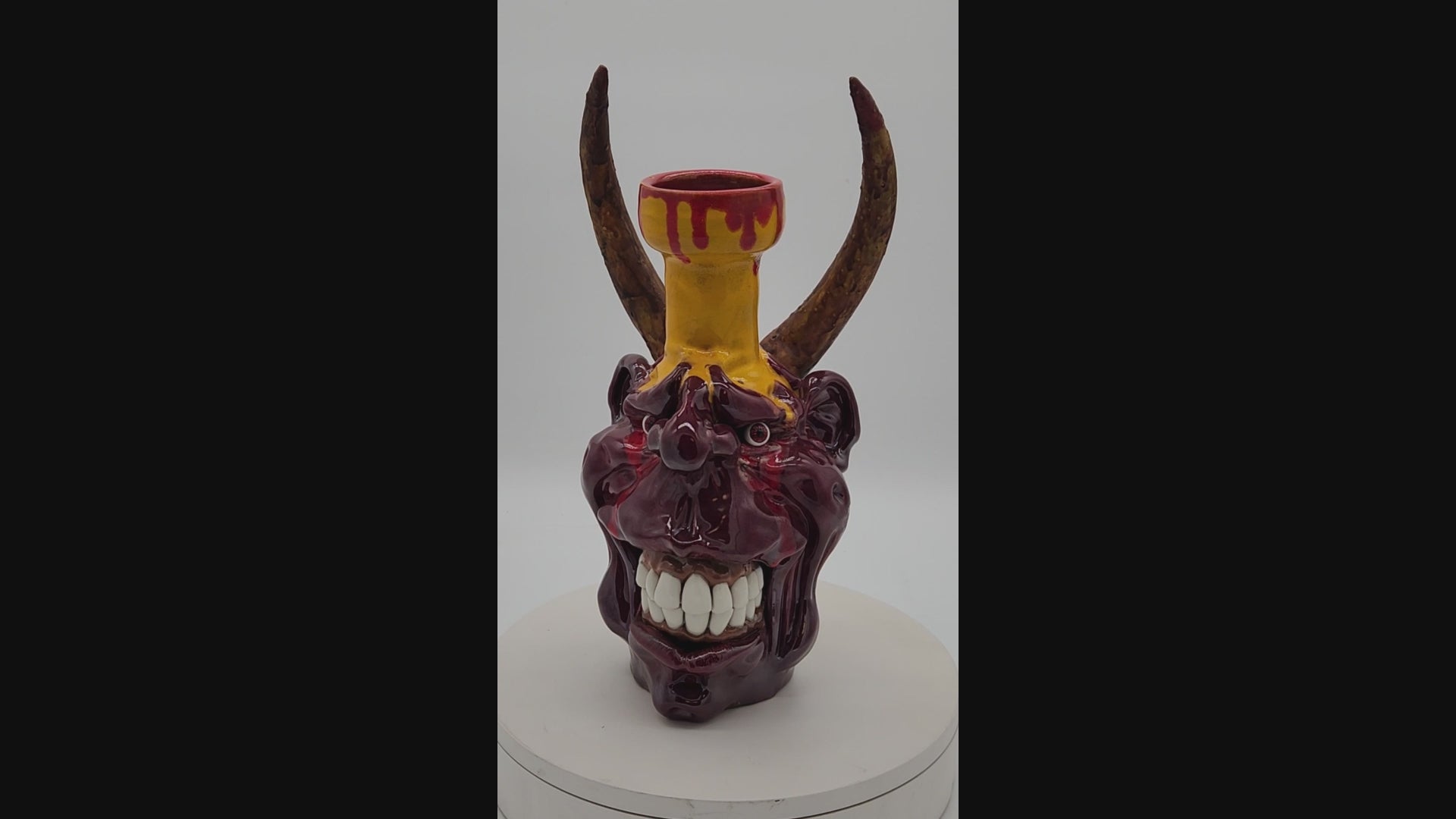 One-of-a-Kind Horned Demon Sculpture – Studio Art Pottery Face Jug – Signed & Marked