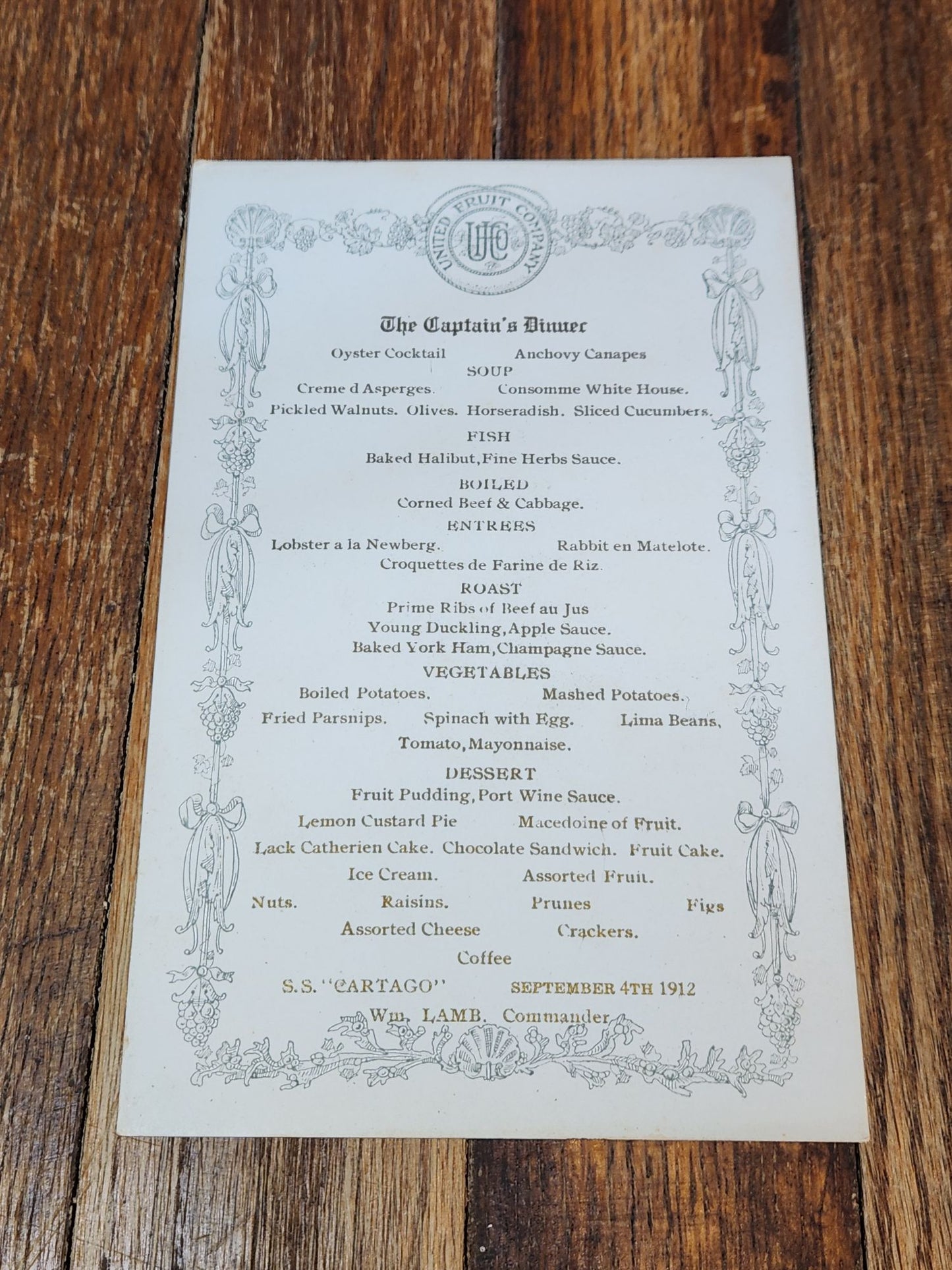 Sept. 4th 1912 United Fruit Company, The Captain's Dinner Menu