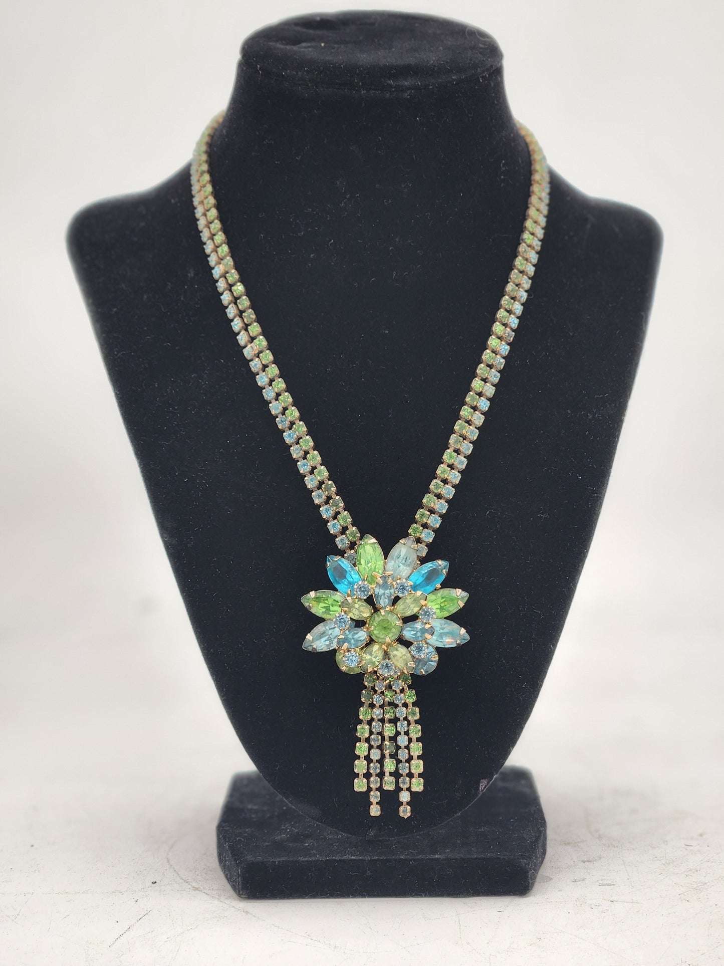 Vintage Hattie Carnegie Uranium Glass Rhinestone Flower Pendant Necklace