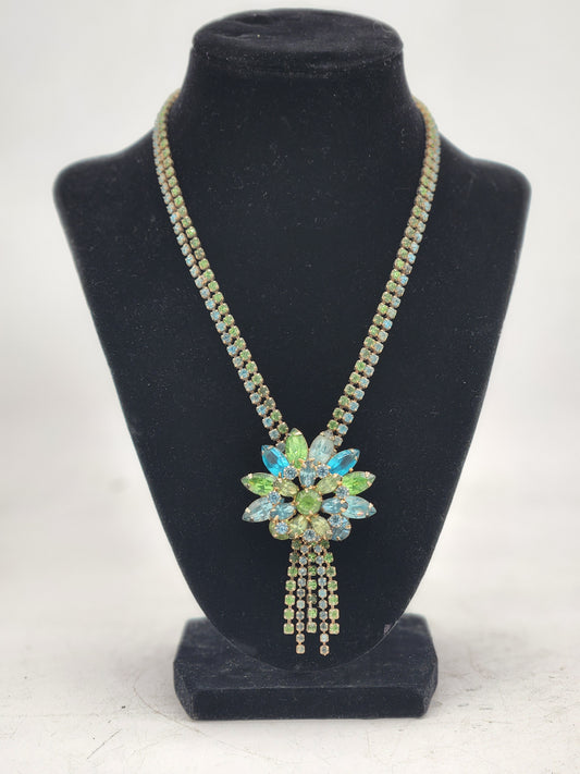 Vintage Hattie Carnegie Uranium Glass Rhinestone Flower Pendant Necklace