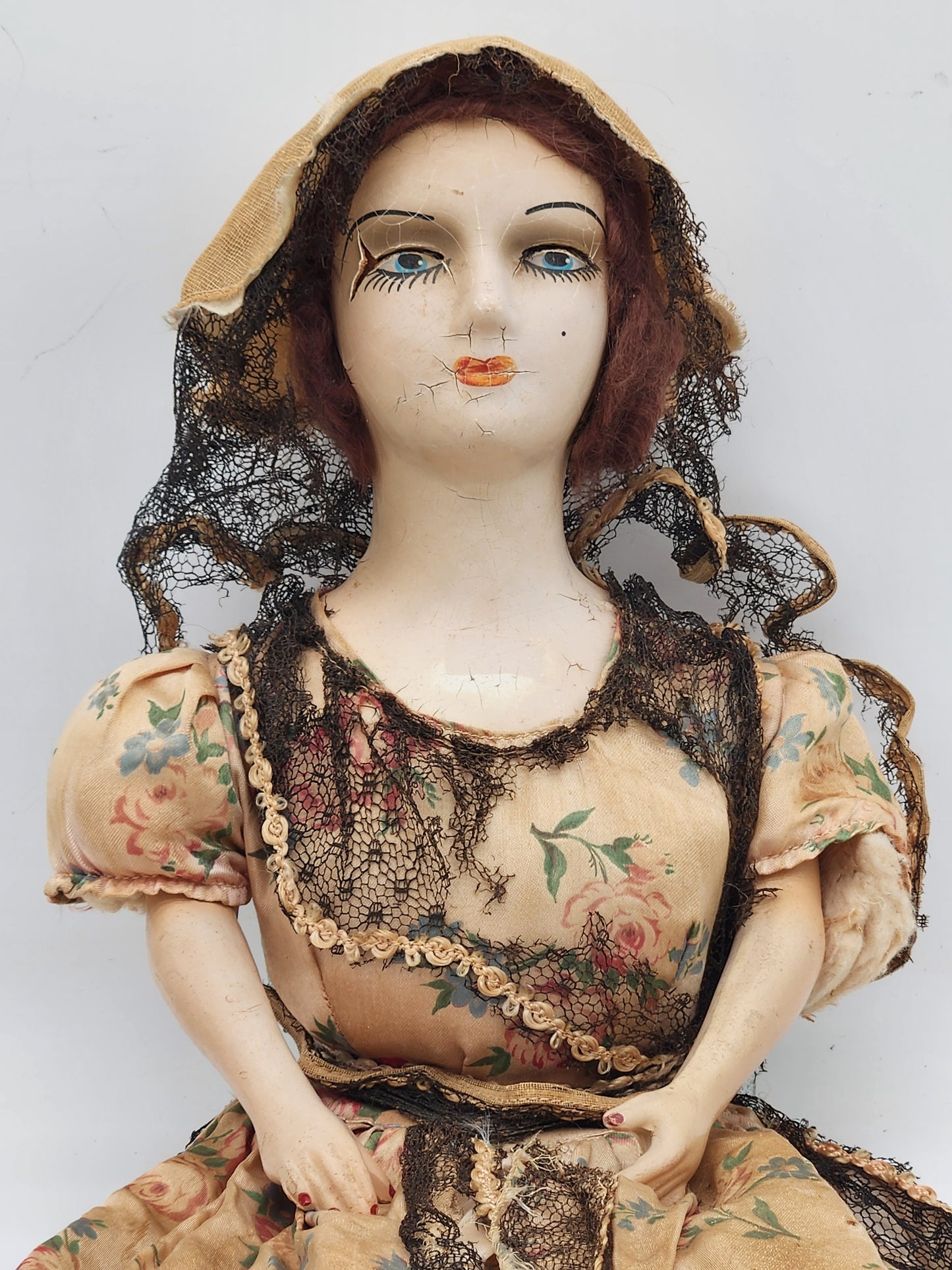Antique 1920s Composition Boudoir Bed Doll French Style Flapper Floral Dress Bonnet
