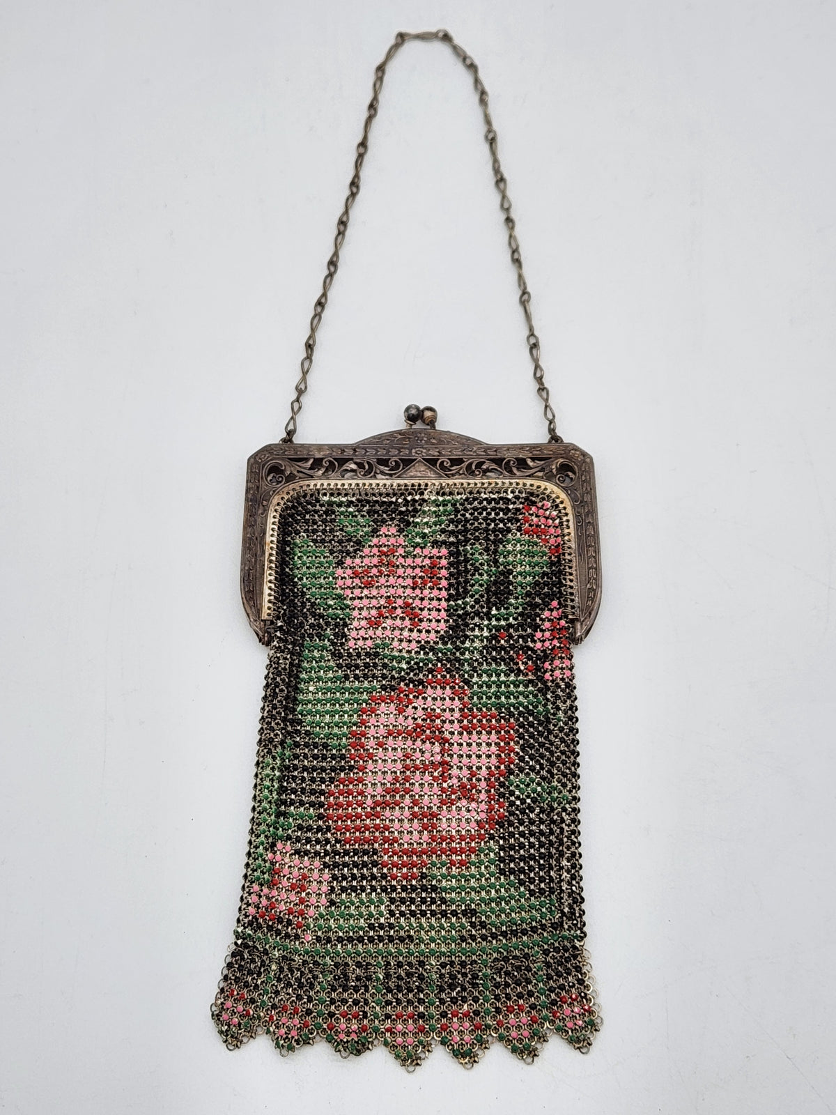 Antique Whiting & Davis Painted Enamel Mesh Purse Flapper Handbag Floral Rose 1920s