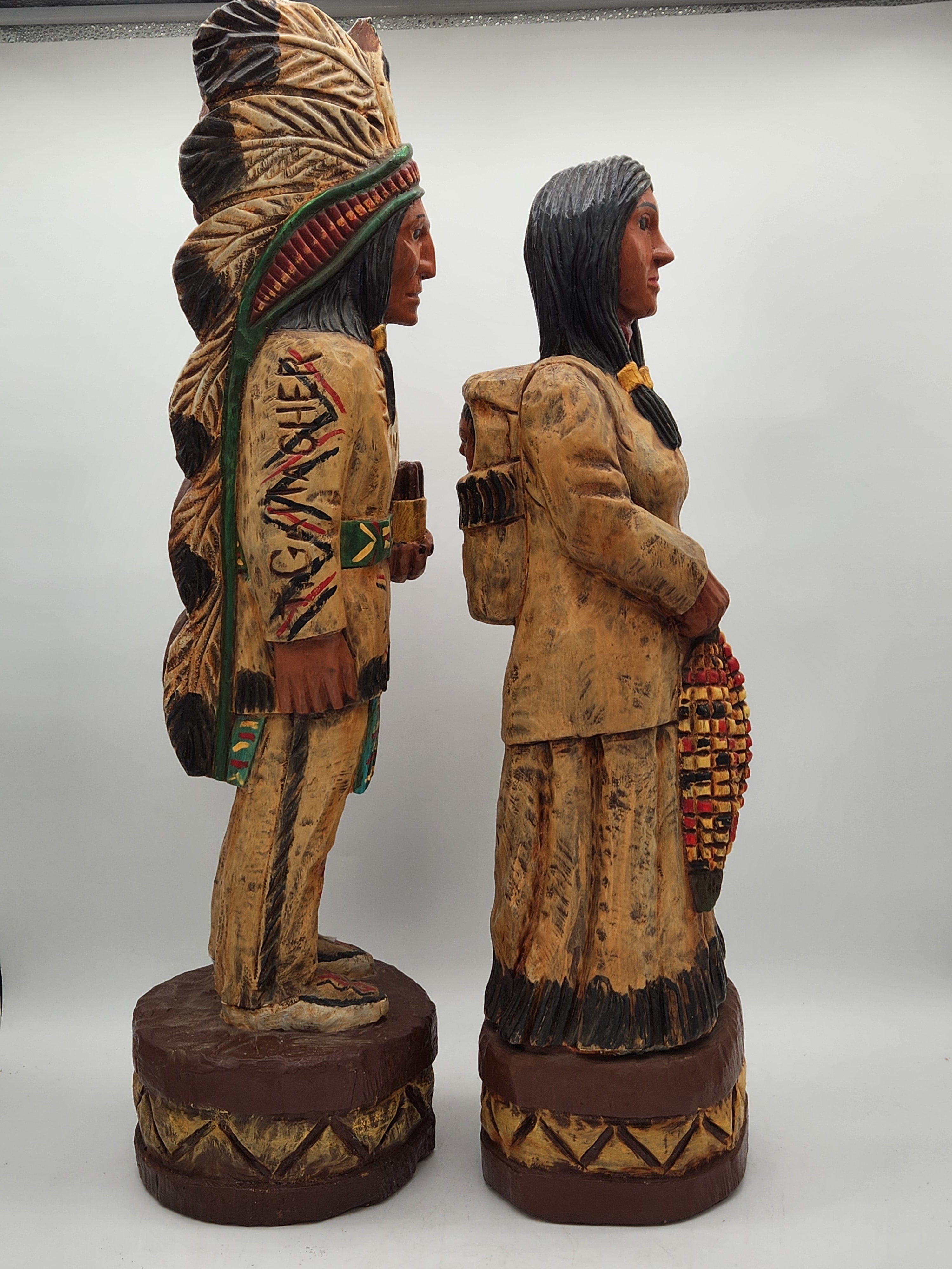 Vintage John Gallagher Signed Wood Carved Native American Chief & Woman Statues Folk Art
