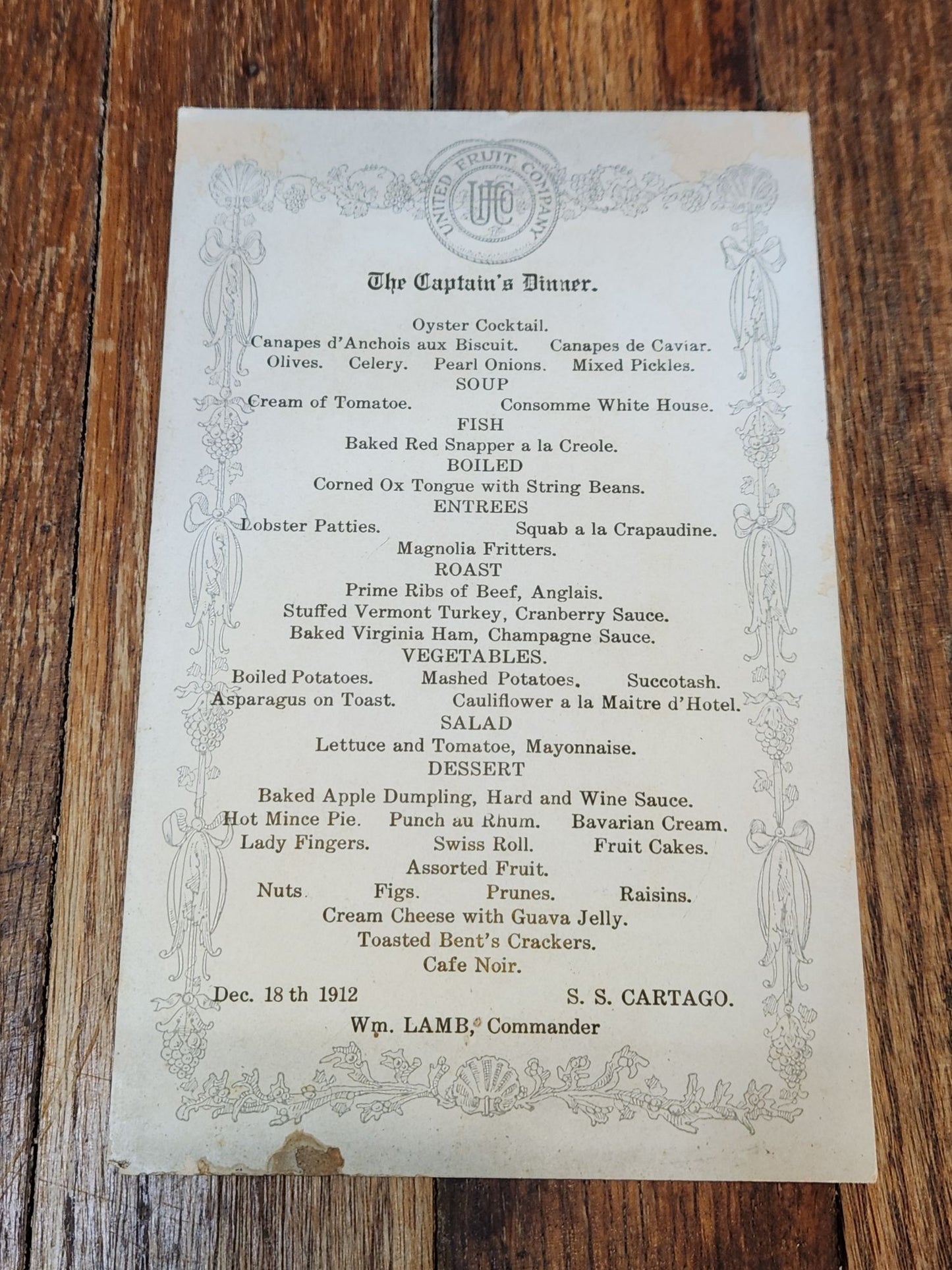 Dec. 18th 1912 United Fruit Company, The Captain's Dinner Menu