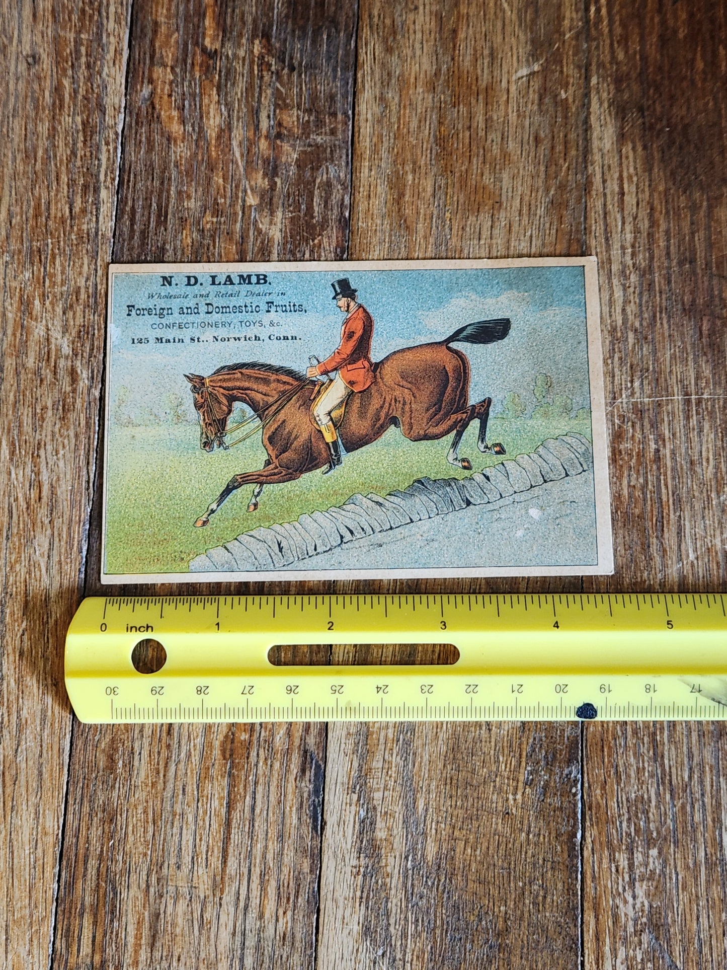 Victorian Trade Card N.D. Lamb Norwich CT Fox Hunting Horse Lithograph 1880s