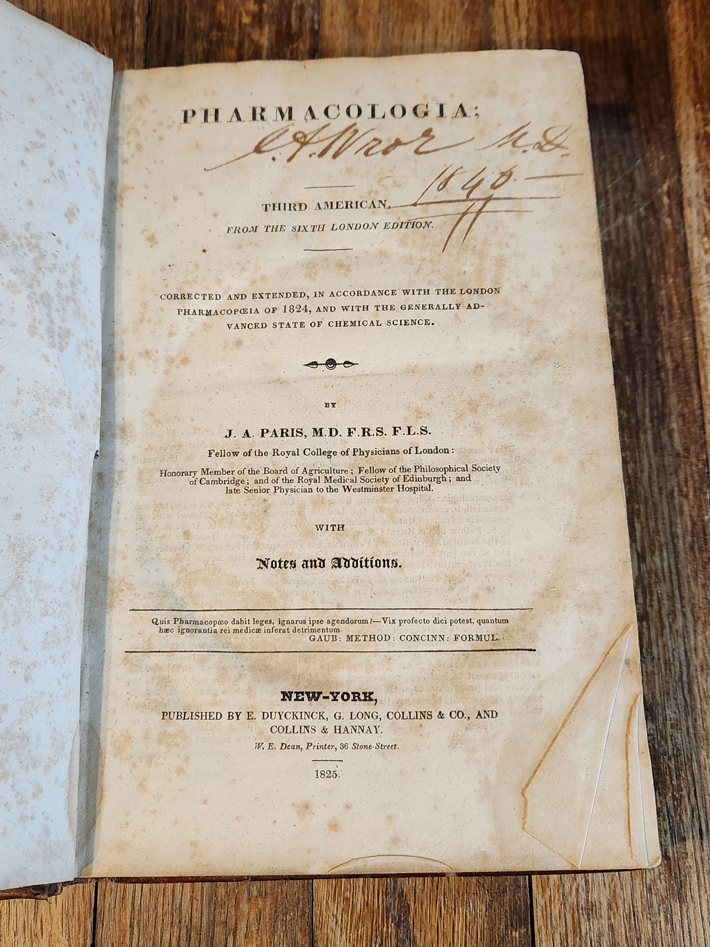 Pharmacologia; or, The History of Medicinal Substances By J. A. Paris, M.D. - Third American Edition - Published in New York, 1825