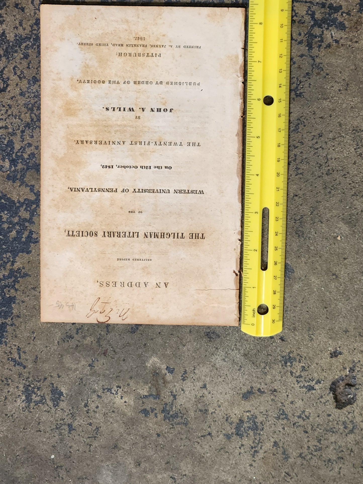 1842 An Address Before the Tilghman Literary Society — Western University of Pennsylvania — John A. Wills — Early Pittsburgh Imprint
