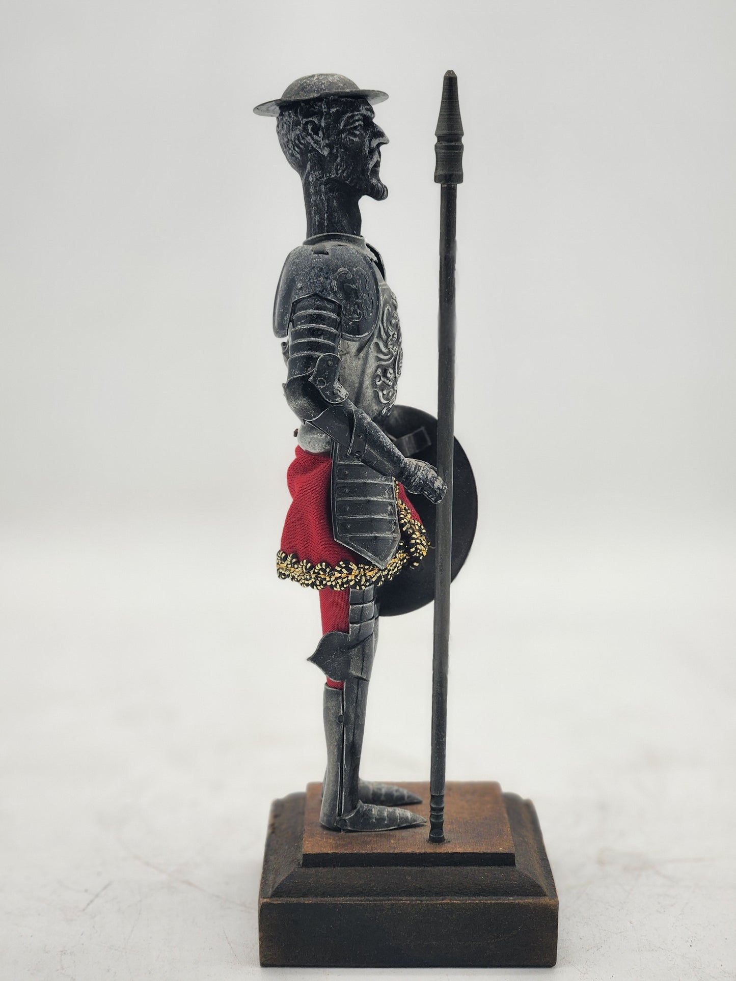 Vintage Don Quixote Metal Knight Statue Spear Shield Red Skirt Wood Base Spain