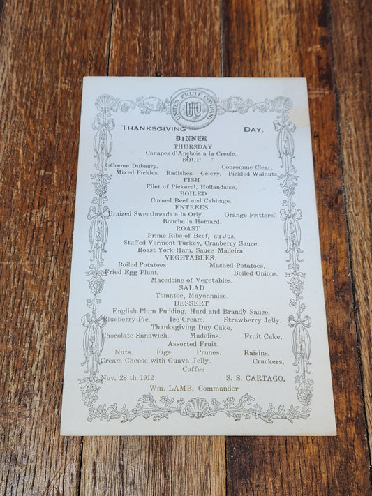 Thanksgiving Day Dinner Menu 1912 United Fruit Company