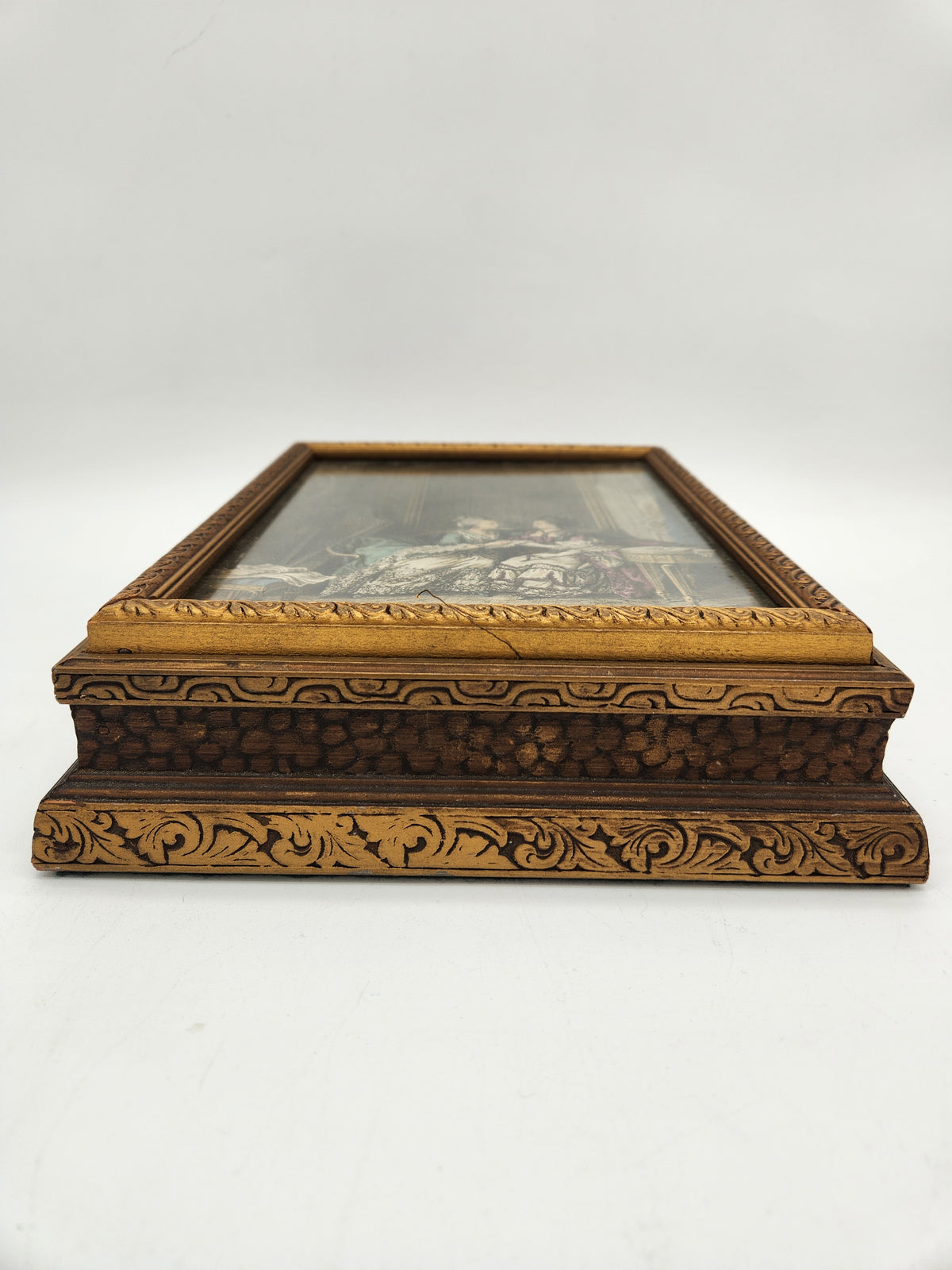 Antique Victorian French Courting Scene Vanity Dresser Box Hinged Mirror Wood Casket