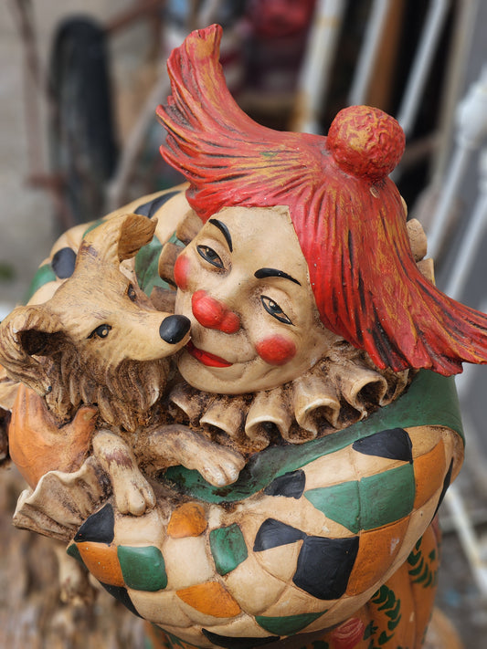 Hand Painted 1995 Jun Asilo Large Clown with Dog Sculpture