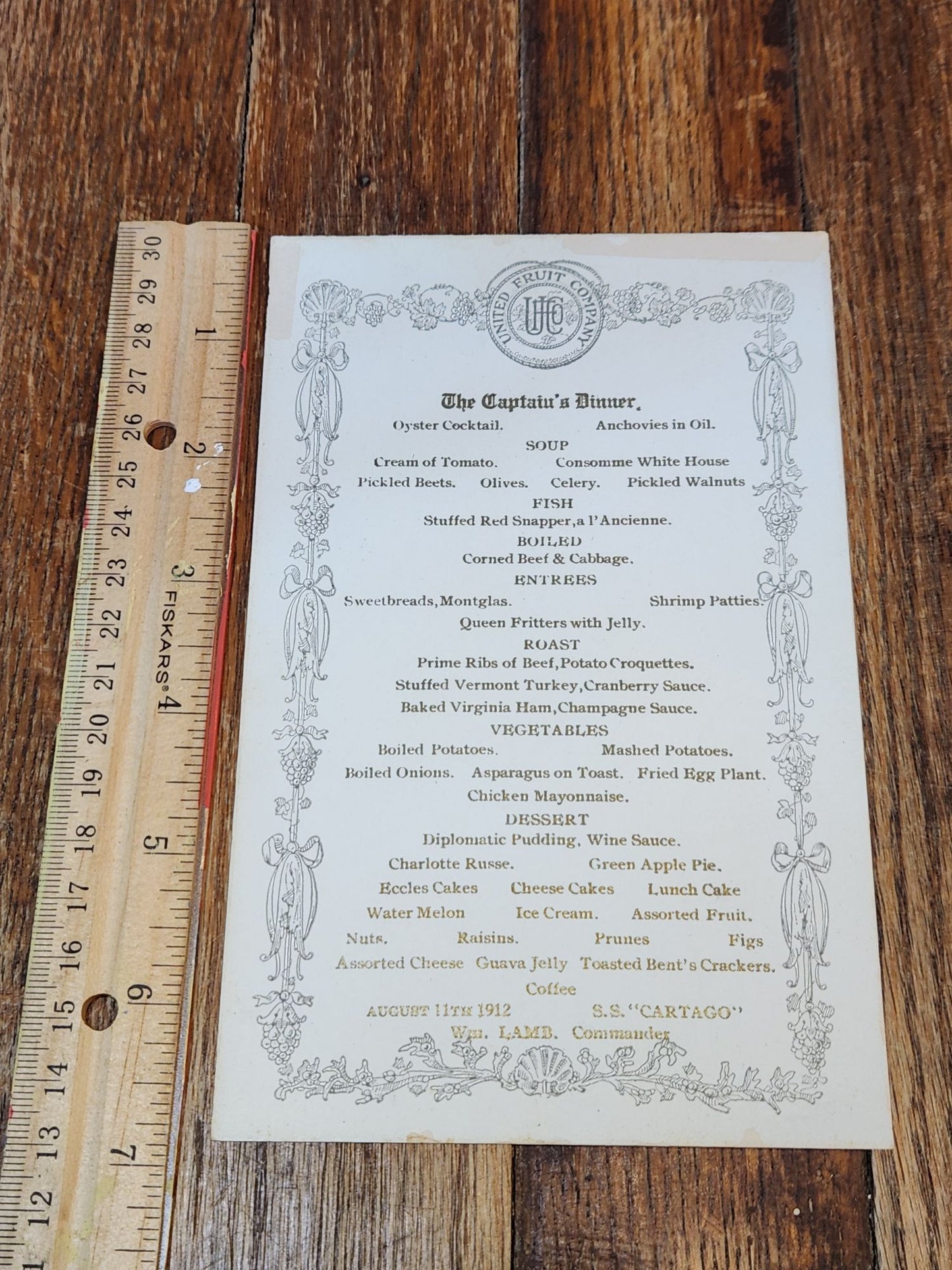 Aug. 11th 1912 United Fruit Company, The Captain's Dinner Menu