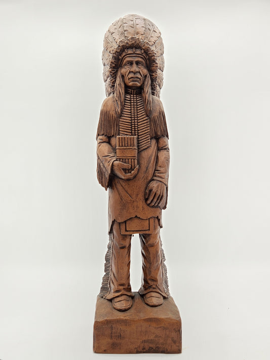 Vintage Hand Carved Wood Chief Statue | 20" Countertop Cigar Store Indian | Folk Art