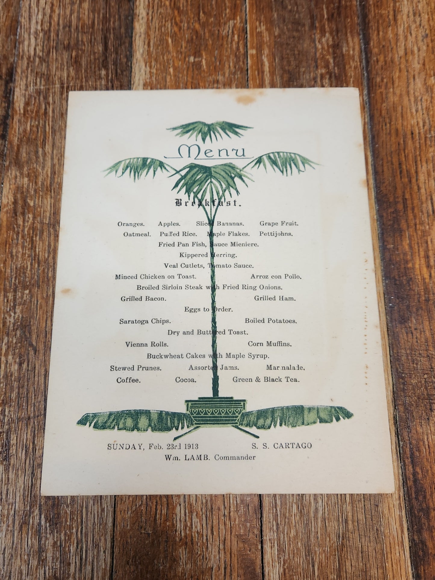 Steamship Cartago Feb. 23rd 1913 United Fruit Company Breakfast Menu