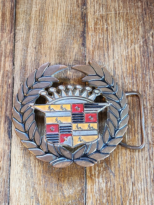 Vintage 1960s Cadillac Emblem Belt Buckle — Laurel Wreath Crest, Chrome & Enamel Auto Memorabilia