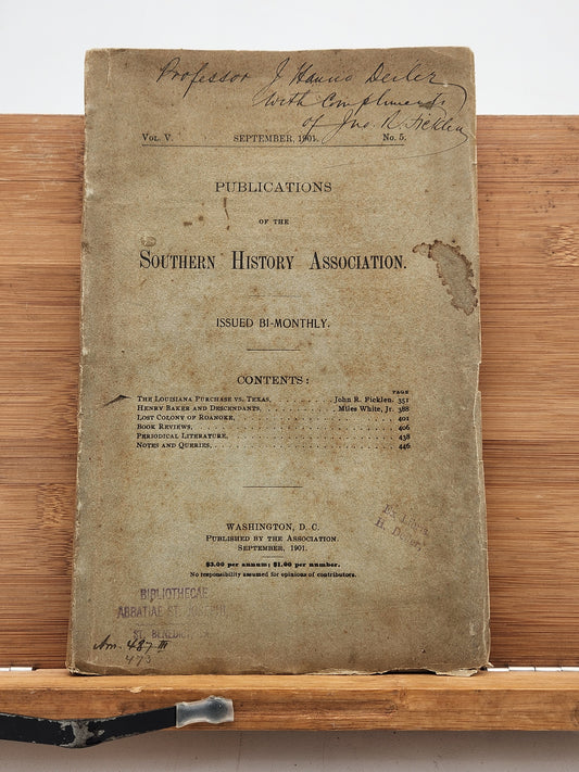 1901 Southern History Association journal with fold-out Louisiana Purchase map and inscription—early Southern historical publication.